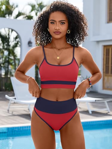 Image of ANRABESS Women's High Waisted Bikini Sets,Color Block 2 Piece Swimsuits,Tummy Control Bathing Suits,Thick Ribbed Beach Wear