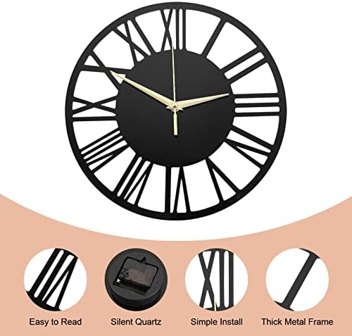 Shoze Vintage Wall Clock 30cm Roman Numerals Battery Powered Silent Clock Round Black Large Operated Giant Open Face Wall Clock for Home Living Room Bedroom Decoration