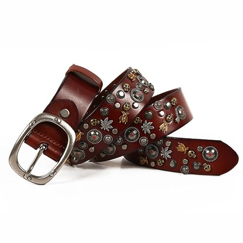 Men's Punk Genuine Leather Belts, Studded Leather Skull Belt Vintage Punk Rock Rivets Belt with Bee Rivet for Women Men Jeans