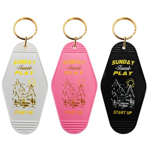 Image of 3 Pack Camper Keychain Vintage - Sided Retro Design,Rustic Metal Ring Design For Outdoor Enthusiastsfor Outdoor Lovers /Woman, Hiking & Rv Accessories, Durable Abs Plastic (Black /White /Pink)