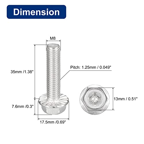 Image of uxcell M8x35mm Phillips Hex Head Flange Bolts, 5pcs 304 Stainless Steel Hexagon Phillips Flange Head Hex Bolts Machine Screws
