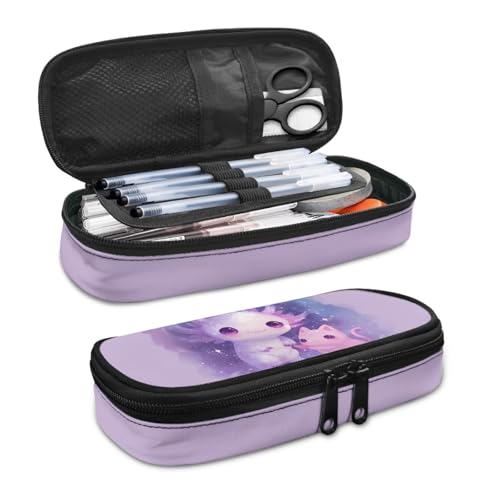 Image of Purple Galaxy Axolotl Cat Pencil Case Lightweight Pen Cases for Stationery Zippered Pencil Pouch Portable Storage Bag for Supplies