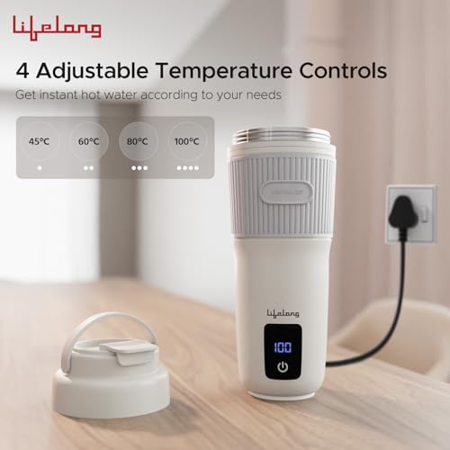 Image of Lifelong 2 in1 Portable Electric Kettle & Bottle for Travel 400ml |Wide Voltage-for Homes(220v) & Indian Trains(110v)| Quick Boil |4 Temp |Digital Touch Ctrl |Cool Touch |Make Tea /Coffee Without Milk