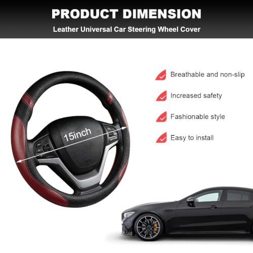 Image of Car Steering Wheel Cover, 15 Inch Premium Leather Breathable Non-Slip Wheels Wrap, Universal Auto Comfortable Steering Wheel Protector for SUV Truck Van, Car Accessories (Wine Red)