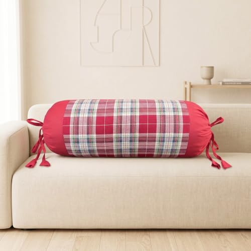Image of SAJAVAT HOME Pure Cotton Bolster Cover | Decorative Round Cylindrical Pillow Cover for Sofa, Bed & Diwan | Soft & Breathable Cushion Cover | Red Check | Pack of 1