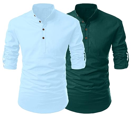 Image of FINIVO FASHION Combo of Men's Cotton Blend Solid Regular Fit Full Sleeve Straight Short Kurta Shirt, Casual and Formal Wear