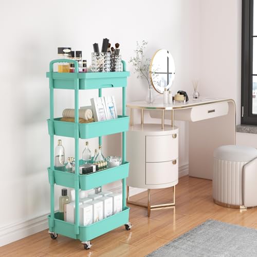 Image of Calmootey 4-Tier Utility Cart with Drawer & Wheels, Storage for Home,Office | Space-Saving Organizer, Sturdy Plastic Shelves, Smooth-Rolling Metal Wheels, Built-in Drawer for Small Items, Green