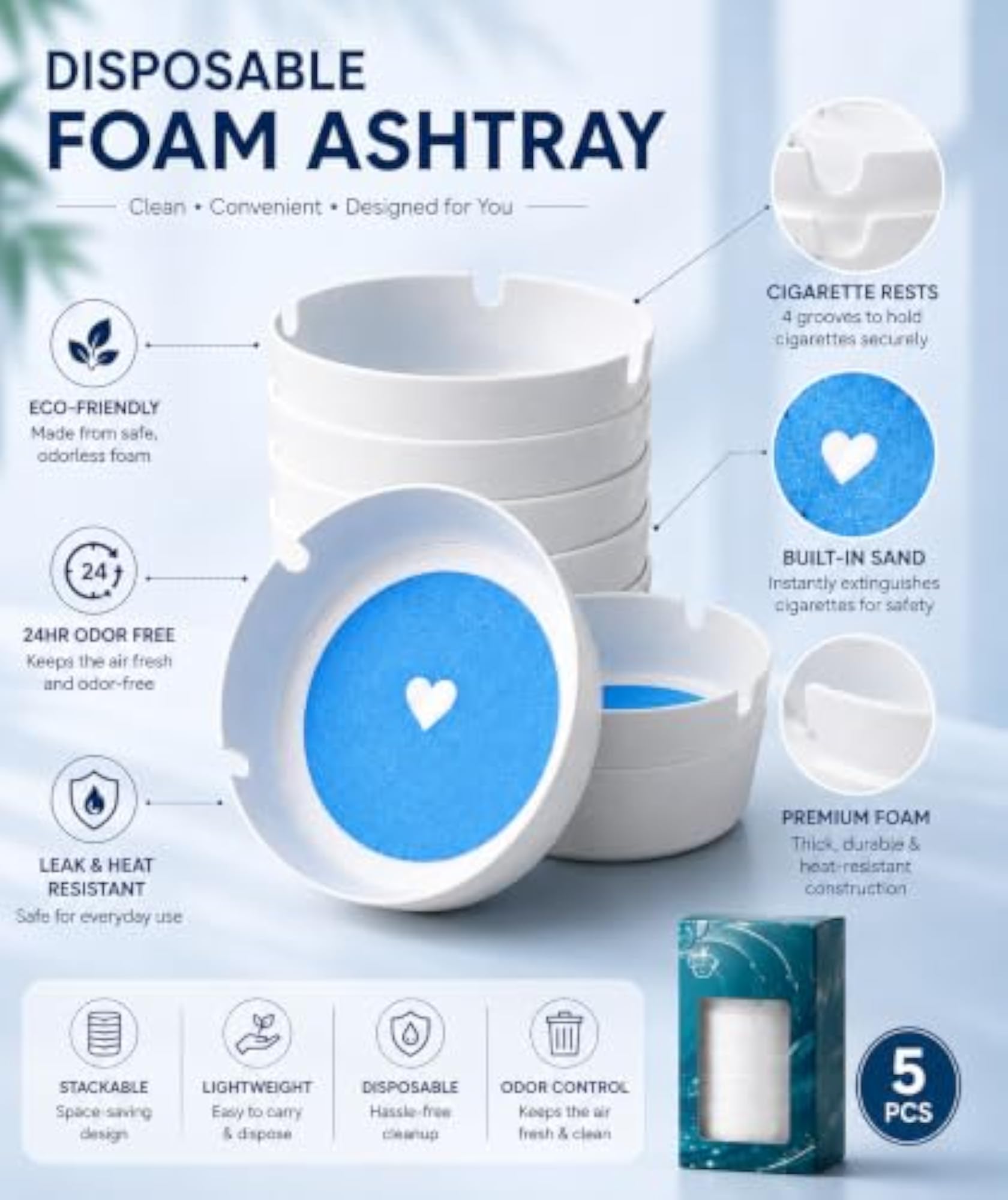 Disposable Foam Ashtray with Sand, Portable Cigarette Holder