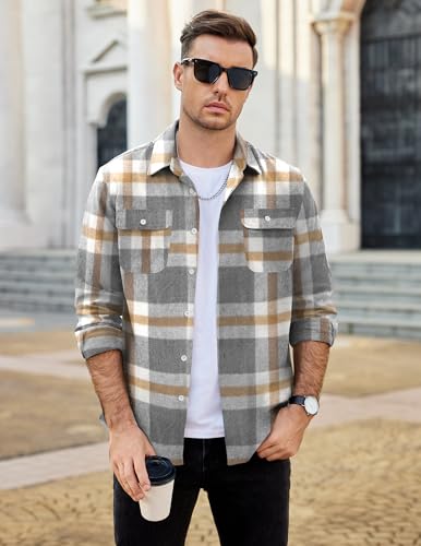 Image of COOFANDY Mens Flannel Shirts Long Sleeve Plaid Shirt Jacket Button Down Shirt with Pockets