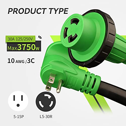 Rvmate Marine Shore Power Boat Adapter 15Amp Male To 30Amp Female 18 Inch 10Awg/3 Cord, Stow, Black/Green With Indicator Light #TOP1