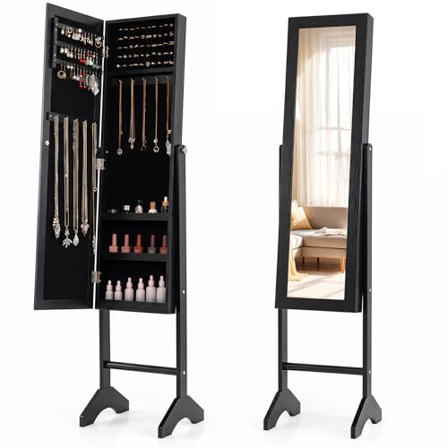 Giantex Jewelry Armoire with Full Length Mirror, Freestanding Jewelry Organizer Cabinet with Ring Slots, Earring Holders, Necklace Hooks & Storage Shelves for Bedroom (Black)