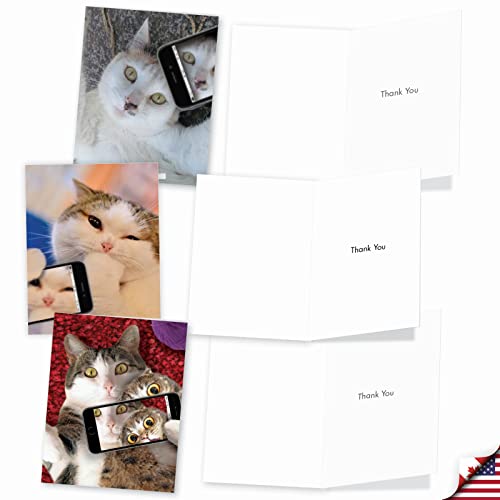 Image of The Best Card Company 10 Assorted Thank You Notecards Bulk Box Set 4 x 5.12 Inch with Envelopes (10 Designs, 1 Each) Cats Selfie M4953TYG-B1x10