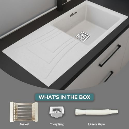 Image of ARQUIN Quartz Kitchen Sink with Drainboard 36x18x9 Inch White Granite Sink with Coupling, Waste Pipe & Strainer Basket UV Protected, Undermount /Topmount Noise Reducing