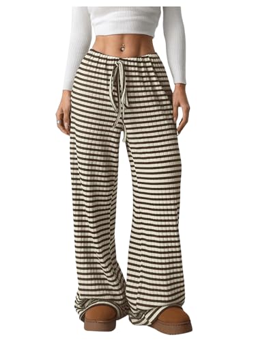 Women's Striped Pants Knit Lounge Pants Wide Leg Baggy Sweatpants Comfy Pajama Bottom