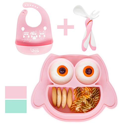 Brunoko Vajilla infantil Set de Plato bebe ventosa + cuchara silicona bebé + Babero Silicona 3 en 1- Vajilla Bebé Antideslizante - Utensilios Infantiles Aprendizaje BLW - Diseñado en España (Rosa)