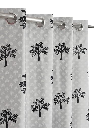 Image of Printed Tree 2 Piece Polyester Home & Living Room Eyelet Door Curtain - 7 Feet, Grey