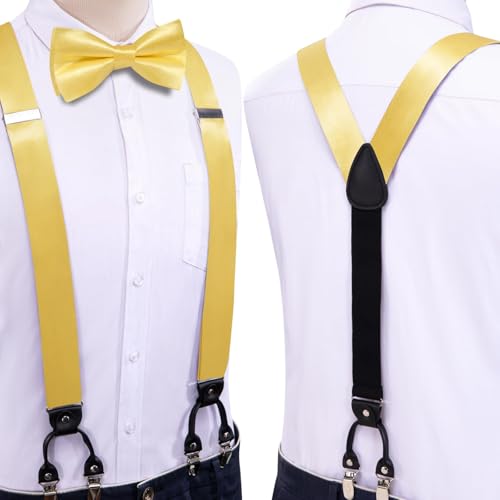 Image of Hi-Tie Men Suspender Bowtie Set Suspenders Pre-tied Bow Tie Pocket Square Cufflinks Adjustable Y Shape 6 Clips Braces Tuxedo