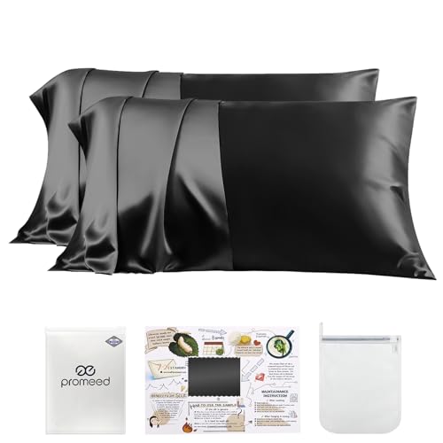 PROMEED 100% Mulberry Silk Pillowcase Set of 2, 23 Momme 3rd Gen Grade 6A+ 100% Mulberry Silk Pillow Cases 2 Pack, Real Silk Pillow Cover for Acne Prone Skin (King 20"x36", Black)