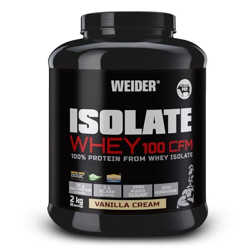 Weider Isolate Whey 100Cfm, 100% Aislado de Proteina de Suero, Cero Azúcar, Cero Aspartamo, con Stevia, con Dygezime, con Bcaa, Apto para Veganos, Isolac, para Dietas Keto, Negro, Vainilla, 2 Kg