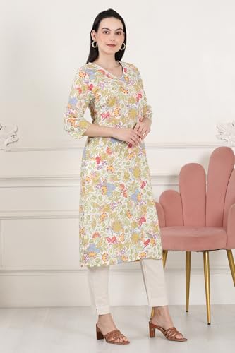 Image of White Floral Printed Pure Cotton Straight Kurta with Lace on Neck