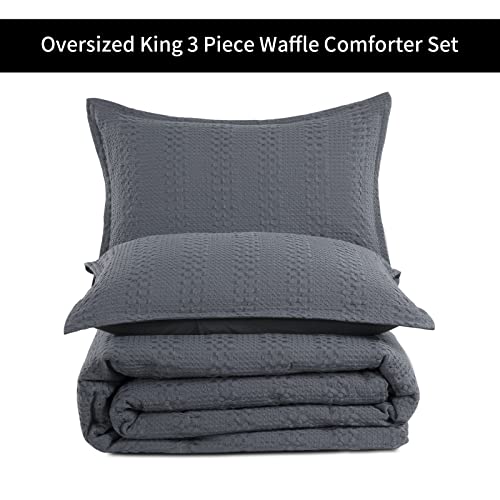 Hombys 120X120 Oversized King Waffle Weave Comforter Set, Lightweight Washed Microfiber Down Alternative Bed Comforter With 2 Pillow Shams,Extra Large Dark Grey Quilt Boho Comforters Sets #TOP6