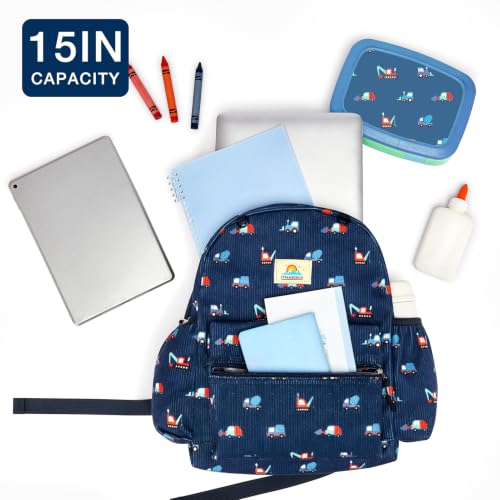 Image of STEAMEDBUN Corduroy Kids Backpack for Girls and Boys 5-8: Girls Backpack for Elementary Kindergarten - 15 inch Cute Backpacks for Kids - Blue Trucks