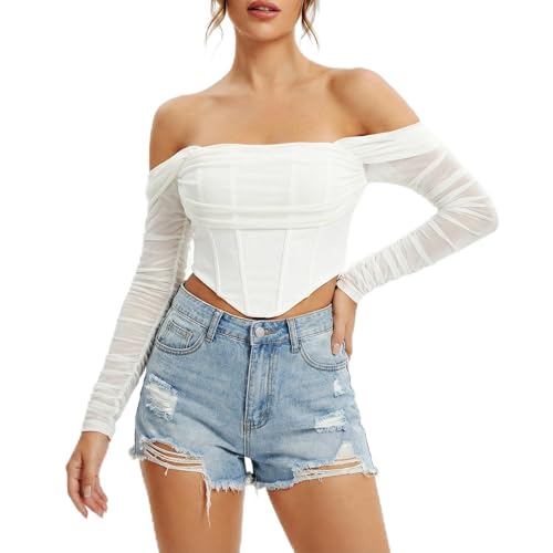 JSXZMMSM Womens Corset Top Sexy Strapless Long Sleeve Mesh Boned Bustier Party Going Out Concert Tops (US Alpha Medium Regular Short White)