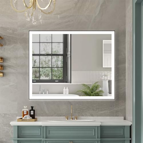 WELLFOR 40 x 32 Inch Wall-Mounted Framed Bathroom Vanity Mirror, Led Bathrrom Mirror, Smart Mirror with Lights for Bathroom, Dimmer Defogger Included, Vertical/Horizontal Installation, Matte Black
