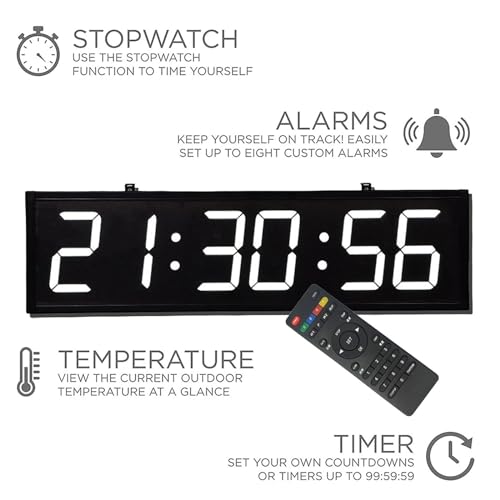 Reloj digital LED de pared con control remoto, cronómetro, temporizador, alarma, temperatura y humedad, 6 dígitos, color blanco miniatura 3
