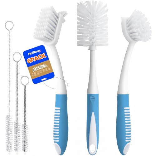Image of Holikme 6 Pack Dish Brush Set with Bottle Brush, Dish Scrub Brush, Pan Brush and 3 Straw Brushes, Deep Cleaning Handle Brush with Scraper Tip for Kitchen Sink Dishes Bottle Cup Pot and Pans (Azul)