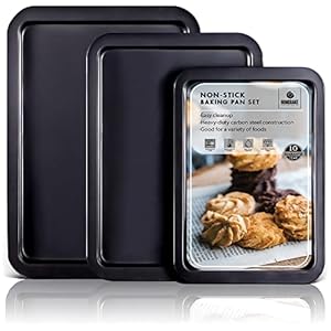HONGBAKE Baking Sheet Pan Set, Cookie Sheet for Oven, Nonstick Bakeware Sets with Wider Grips, 3 Pack Half/Jelly Roll/Quarter Baking Tray, Premium, Dishwasher Safe – Dark Grey