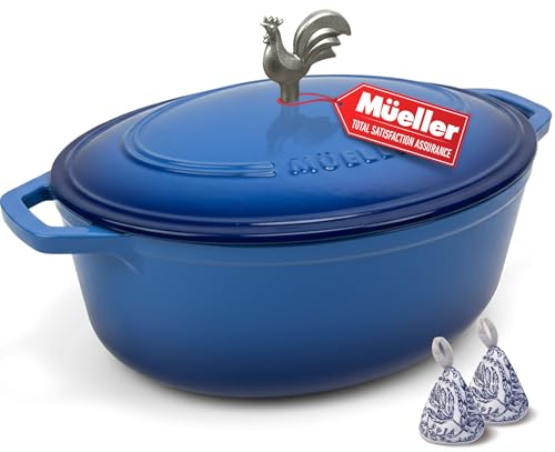 MUELLER HOME 5.5 Quart Enameled Cast Iron Oval Dutch Oven w Rooster Knob & Cotton Potholders, Heavy-Duty Cookware, Oven-Safe up to 500° F & Across All Cooktops, Gifts for Grandma & Women, Aqua Blue