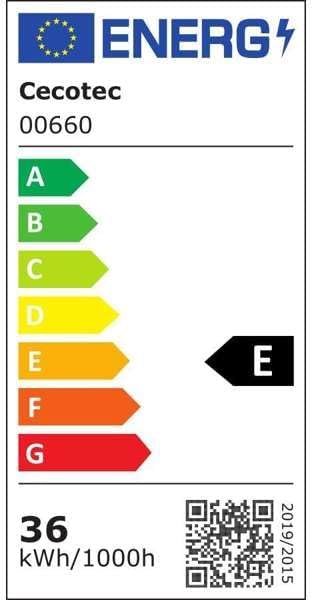 The EU energy label for the Cecotec 00660 ceiling fan, indicating its energy efficiency class and consumption.