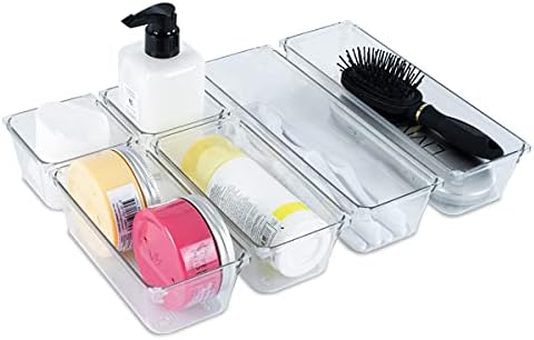 FiNeWaY 8pc Interlocking Drawer Organiser Plastic Storage Separator Tray Boxes Cutlery Compartment Kitchen Bedroom Bathroom Desk Office De-Clutter Tidy (White)