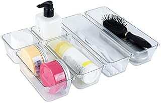 FiNeWaY 8pc Interlocking Drawer Organiser Plastic Storage Separator Tray Boxes Cutlery Compartment Kitchen Bedroom Bathroom Desk Office De-Clutter Tidy (White)