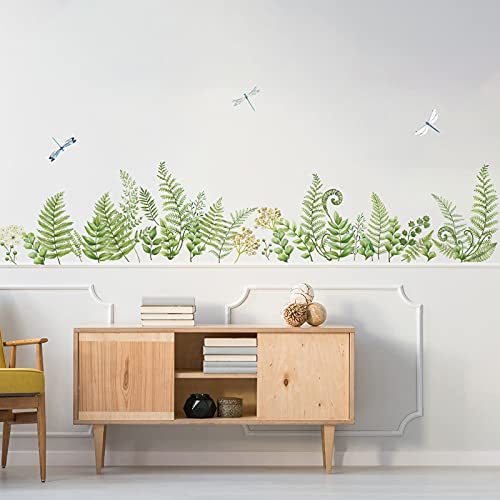 Decalmile Green Fern Plants Wall Corner Decals Tropical Leaves Dragonfly Baseboard Skirting Line Wall Stickers Living Room Bedroom Wall Art Decor #TOP2