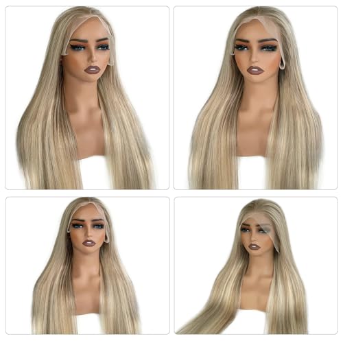 Image of Light Blonde Highlight Lace Front Wig Human Hair 13x6 HD Lace Frontal Wigs Pre Plucked Ash Blonde with White Platinum Highlights Brazilian Virgin Human Hair Wig for White Women with Brown Roots 16 inch