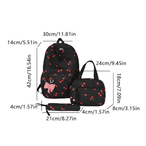 Cherry Backpack for Girls Nylon Rucksack Cute Kawaii Backpack 3 Piece Set with Cherry Pattern (Black)3