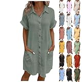 Robe Femme Ete Lin Coton Tunique Robe Manches Courtes Ample Casuel Couleur Unie Robes avec Boutons Col V Chic Elegant Robes De Plage Pas Cher Grandes Tailles Dress pour FêTe Vacances Armée verte XL L