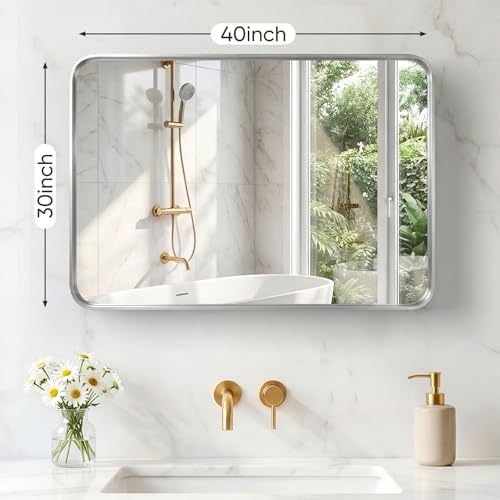 Image of NEWBULIG 30x40 Inch Bathroom Wall Mirror for Over Sink, Silvery | Vanity Mirror with Tempered Glass, Anti-Rust Metal Framed Rounded Rectangle, Hangs Horizontally or Vertically, Home Decor