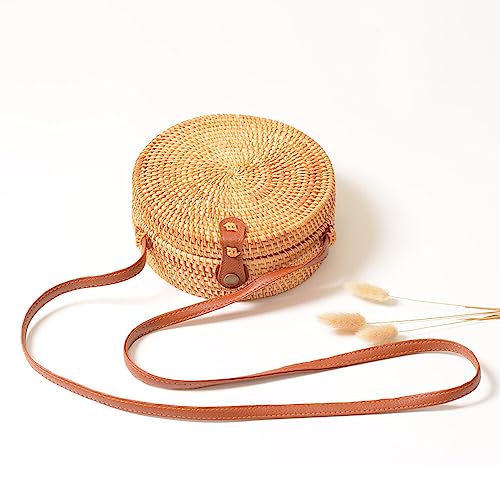 Rattan Shoulder Bag for Women, Vintage Printed Lining Handwoven Round Rattan Crossbody Bag, Summer Beach Weave Shoulder Bag Handbag with PU Leather Strap and for Travel, Picnic4