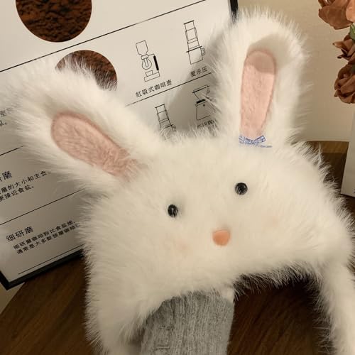 Furry Cartoon Head Covering with Ear for Girls Cartoon Hat with Bowknot Oversized Headgear Hat for Winter Photo Props4