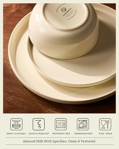 Image of Famiware Milkyway Stoneware Dinnerware Set, 12-Piece, Plates and Bowls for Everyday & Formal Dining, Service for 4, Microwave and Dishwasher Safe, Scratch-Resistan, Almond Milk