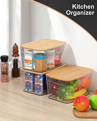 AREYZIN Refrigerator Organizer Bins Storage Bins with Lids 4 Pack Clear Plastic Storage Bins with Bamboo Lids, Small Storage Containers for Organization and Storage, 6.8 Quart - Thumbnail 3