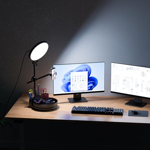 JJ JIANJIN Zoom Lighting for Computer, Desk Ring Light with Stand, 55W Dimmable Full Screen Ring Light, with Rotating Storage Box, Pen Holder Stand, Phone Holder & Controller (Black, 10.5)
