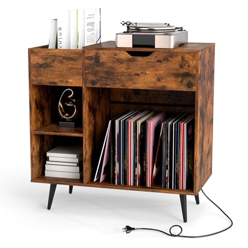 KOMFOTTEU Soporte para Tocadiscos con Estación de Carga, Mesa Auxiliar con 4 Compartimentos Abiertos y Cajón, Mueble para Tocadiscos con Carga 80 kg, Estantería de Discos de Vinilo, 80 x 40 x 79 cm