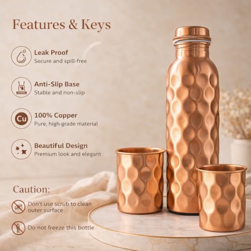 Image of JAIPUR ACE Hammered Pure Copper Water Bottle with Glass Set | 100% Copper Bottle Set | Leak Proof, Ayurvedic Health Benefits, Premium Design Gift Set for Home, Office, Gifting (Hammered Print)