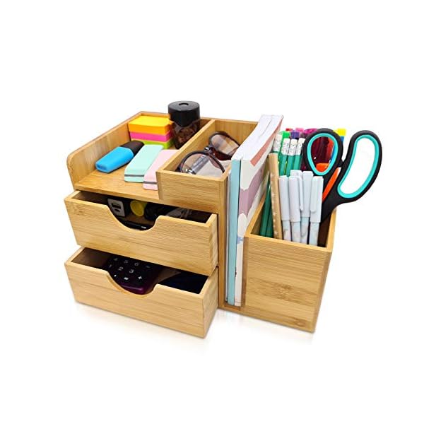 DGREGIO Schreibtisch Organizer Bambus, Nachhaltiger Büroorganizer mit Stiftehalter, Stifteköcher und Schubladen für Büroutensilien HxBxT: 16,5x27x16 cm