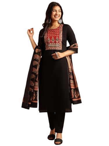 Image of Vbuyz Women Ajrakh With Yoke design Cotton Straight Kurta Set With Dupatta