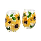 Market Street Gallery - Hand-Painted Sunflower Stemless Wine Glass Set - Rustic Country Farmhouse Decor - Kitchen Gift, Set of 2